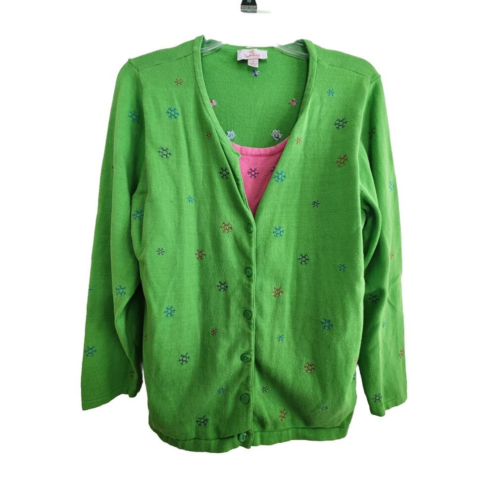 Quacker Factory Womens Green Pink 2 Piece Cardigan Sweater Snowflake Size M